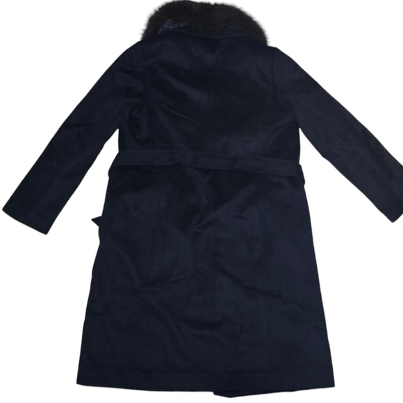 Women's Ellen Tracy Wool Coat, Size 14, Navy Faux Fur, Long, Belt - Picture 7 of 10
